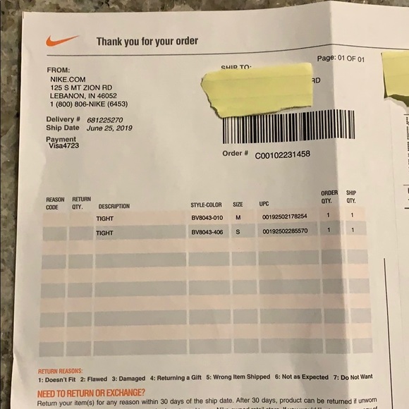 nike return reason codes